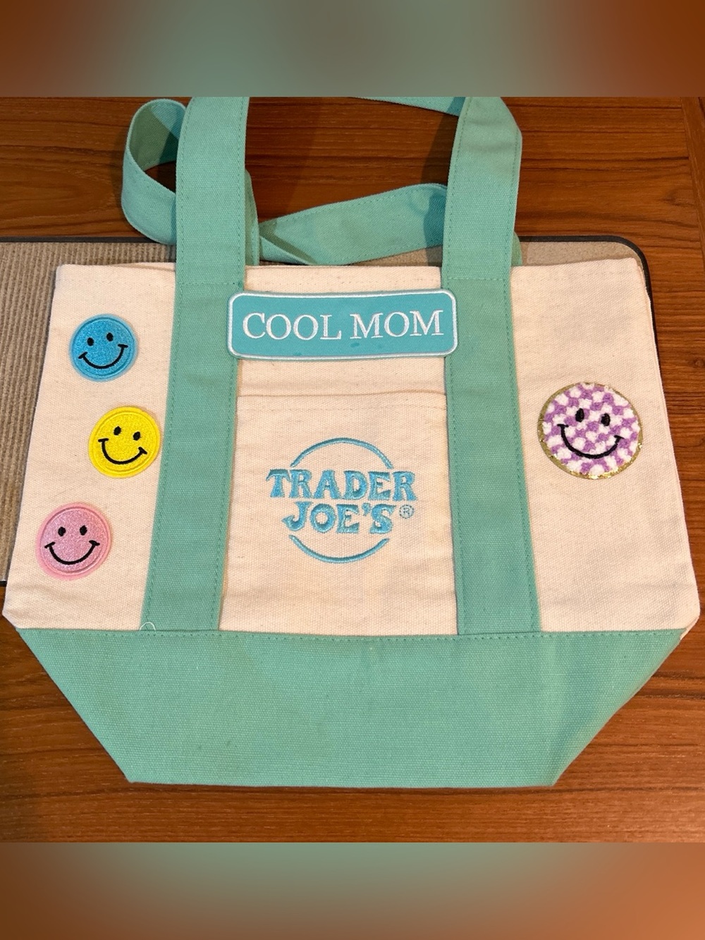 Trader Joe's Cool Mom Canvas Tote in Light Teal and Cream